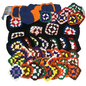 Lot of 63 Crochet Granny Squares Lot Flowers Afghan Pillow Scarf Blue Orange